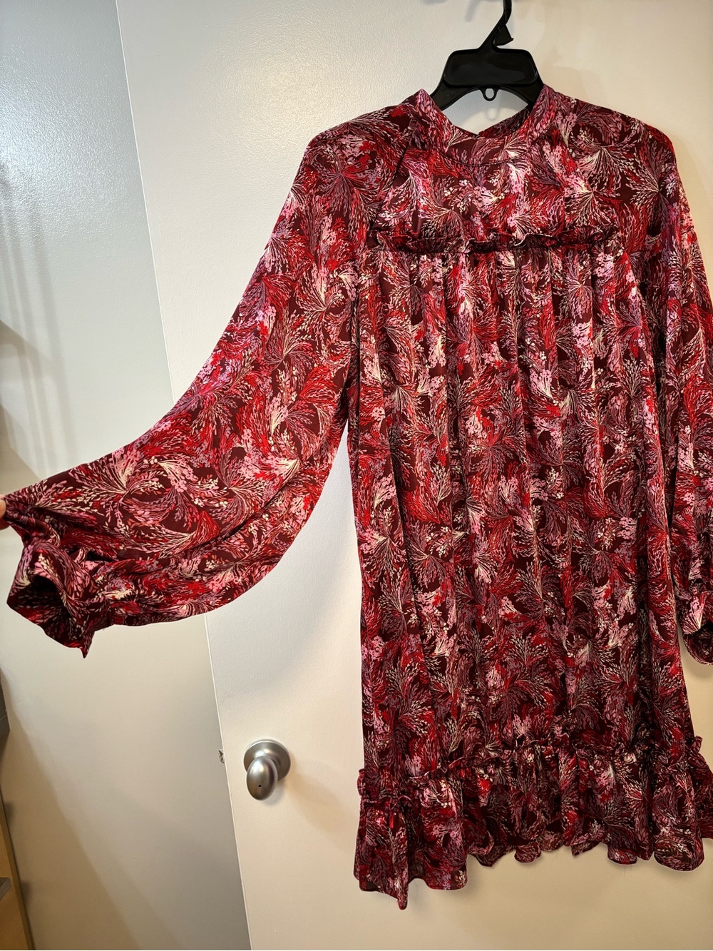 BCBGeneration Burgundy Floral Long Sleeve Ruffle-Hem Dress - Picture 2 of 7